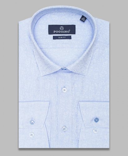Голубая приталенная мужская рубашка Poggino 5008-53 в цветах с длинными рукавами