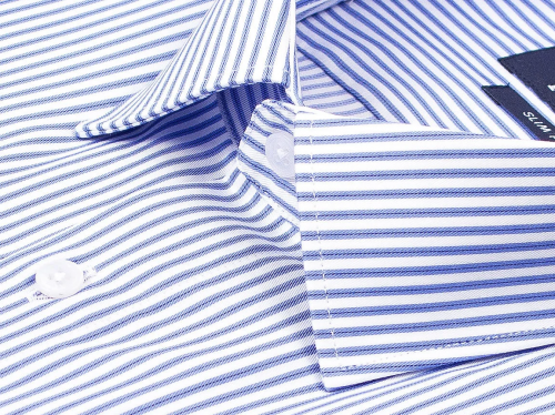 Синяя приталенная мужская рубашка Poggino 5009-100 в полоску с длинным рукавом