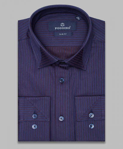 Темно-синяя приталенная мужская рубашка Poggino 5009-75 в полоску с длинными рукавами