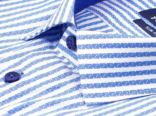 Синяя приталенная мужская рубашка Poggino 5008-03 в полоску с длинными рукавами
