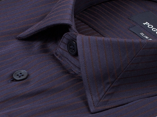 Темно-синяя приталенная мужская рубашка Poggino 5009-75 в полоску с длинными рукавами