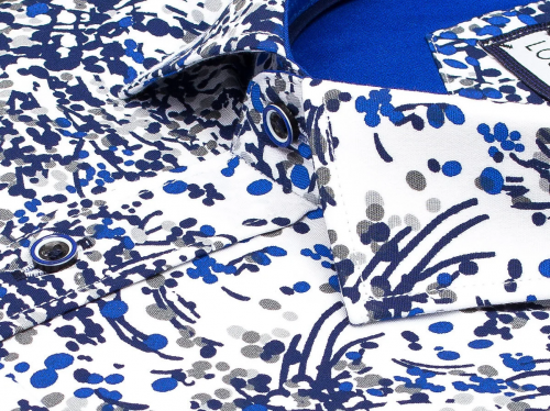 Бело-синяя приталенная мужская рубашка Louis Fabel 60235-20 в абстракции с длинными рукавами