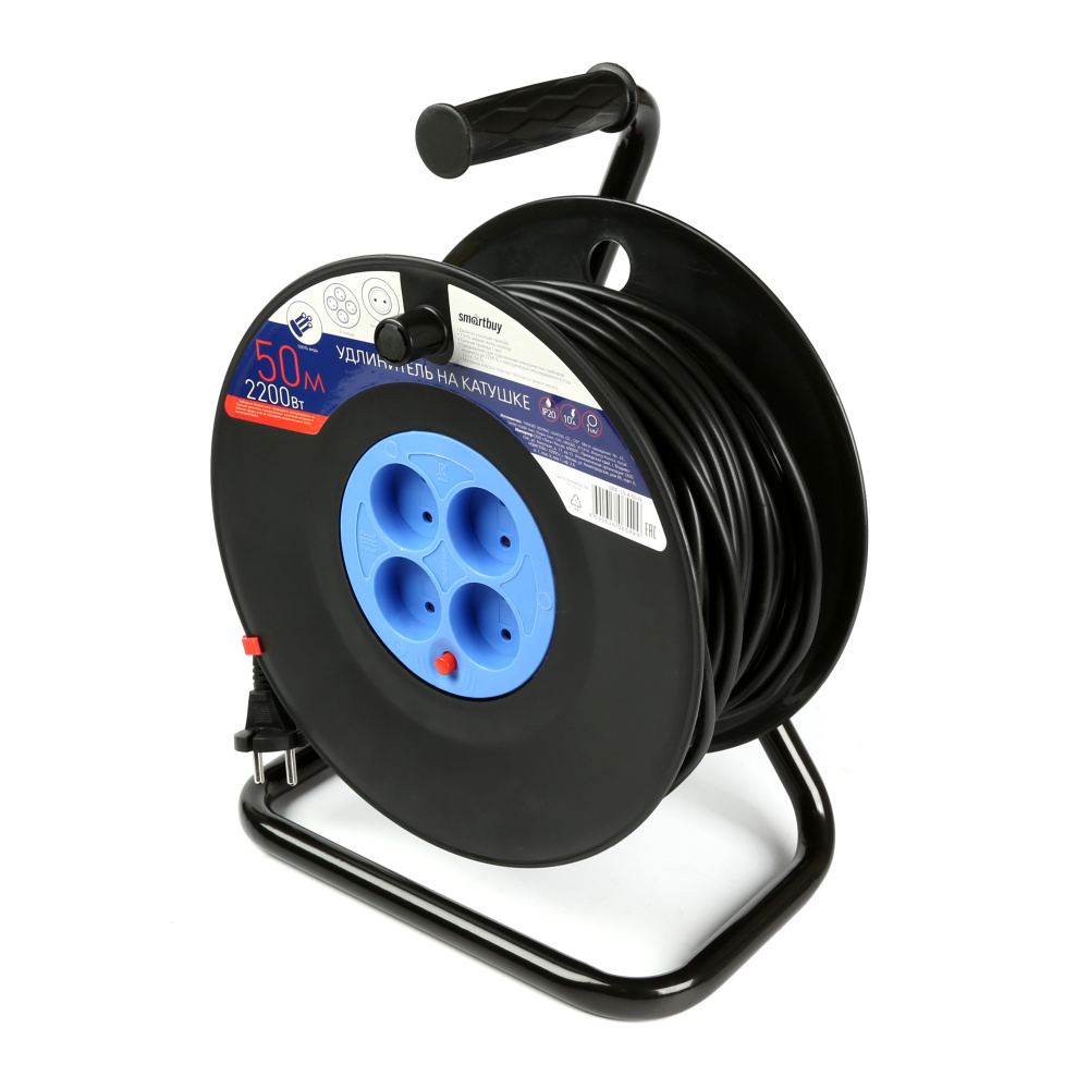 Удлинитель Smartbuy SBE-10-4-50-N, катушка 4 гнезда, б/з, предохрпнитель ПВС 2*1,0 10А/2,2кВт, 50м.