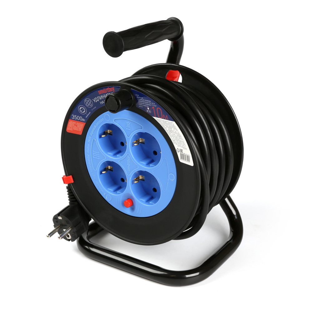 Удлинитель Smartbuy SBE-16-4-10-Z, катушка 4 гнезда, с/з, предохрпнитель ПВС 3*1,5 16А/3,5кВт, 10м.