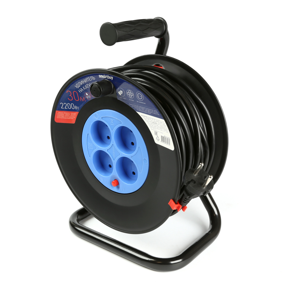 Удлинитель Smartbuy SBE-10-4-30-N, катушка 4 гнезда, б/з, предохрпнитель ПВС 2*1,0 10А/2,2кВт, 30м.