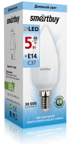 Лампа светодиодная SmartBuy C37 5Вт/4000К/220V/E14 (свеча, нейтральный)