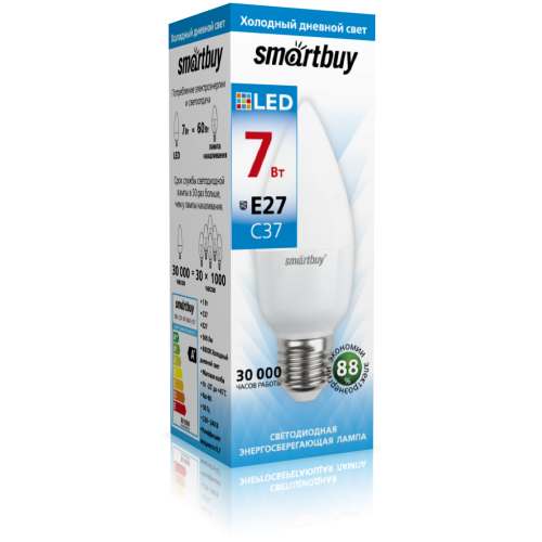 Лампа светодиодная SmartBuy C37 7Вт/6000К/220V/E27 (свеча, холодный  дневной)