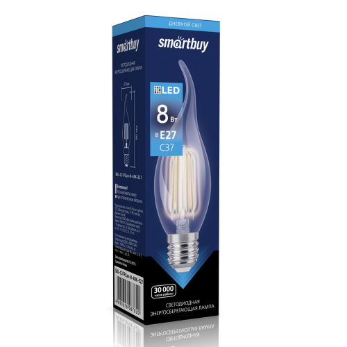 Лампа светодиодная SmartBuy филамент C37 8Вт/4000К/E27 (свеча на ветру, матовая, теплый)