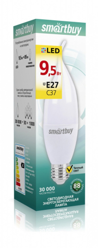 Лампа светодиодная SmartBuy C37 9,5Вт/3000К/E27 (свеча на ветру, матовая, теплый)
