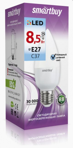 Лампа светодиодная SmartBuy C37 8,5Вт/6000К/220V/E27 (свеча, холодный  дневной)