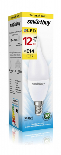 Лампа светодиодная SmartBuy C37 12Вт/3000К/E14 (свеча на ветру, матовая, теплый)