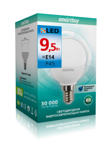 Лампа светодиодная SmartBuy P45 9.5Вт/6000К/E14 (холодный)