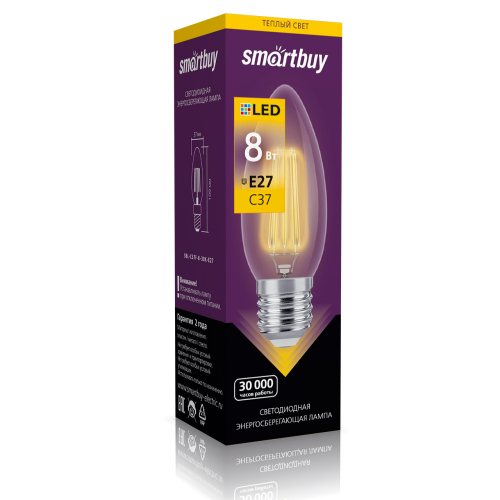 Лампа светодиодная SmartBuy филамент C37 8Вт/3000К/E27 (свеча, теплый)