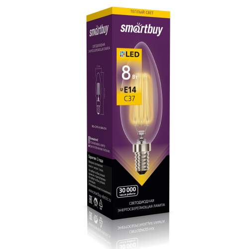 Лампа светодиодная SmartBuy филамент C37 8Вт/3000К/E14 (свеча, теплый)