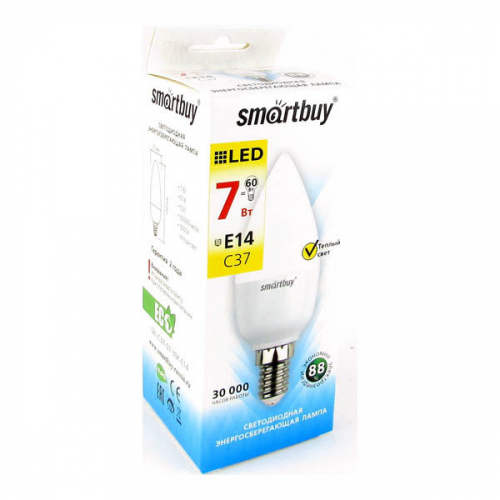 Лампа светодиодная SmartBuy C37 7Вт/6000К/220V/E14 (свеча, холодный  дневной)
