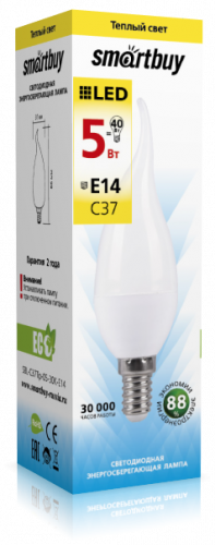 Лампа светодиодная SmartBuy C37 5Вт/3000К/220V/E14 (свеча на ветру, матовая, теплый)