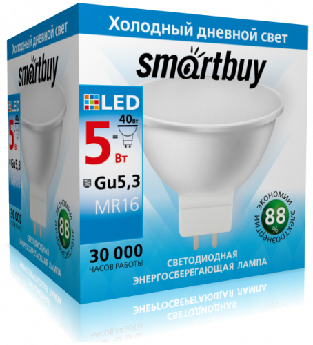 Лампа светодиодная SmartBuy Gu5,3 5Вт/6000/220V (холодный, дневной свет)