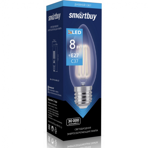 Лампа светодиодная SmartBuy филамент C37 8Вт/4000К/E27 (свеча, нейтральный)