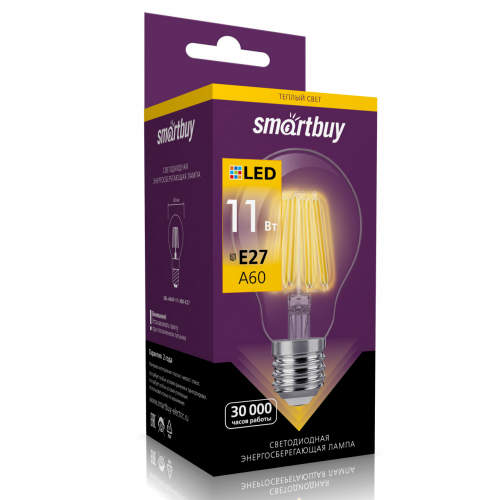 Лампа светодиодная SmartBuy филамент A60 11Вт/3000К/E27 (груша, теплый)