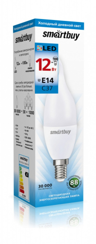 Лампа светодиодная SmartBuy C37 12Вт/6000К/E14 (свеча на ветру, матовая, холодный)
