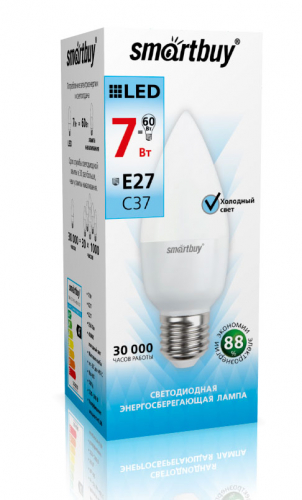 Лампа светодиодная SmartBuy C37 7Вт/4000К/220V/E27 (свеча, нейтральный)