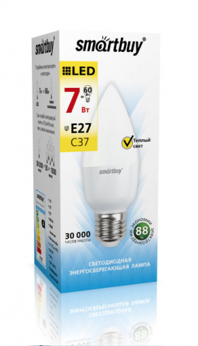 Лампа светодиодная SmartBuy C37 7Вт/3000К/220V/E27 (свеча, теплый)