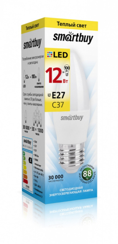 Лампа светодиодная SmartBuy C37 12Вт/3000К/E27 (теплый)