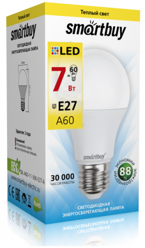 Лампа светодиодная SmartBuy A60 7Вт/3000К/E27 (теплый)