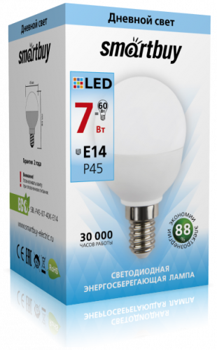 Лампа светодиодная SmartBuy P45 7Вт/4000К/E14 (глоб, нейтральный)
