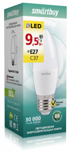 Лампа светодиодная SmartBuy C37 9,5Вт/3000К/E27 (свеча, теплый)