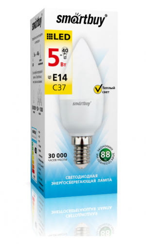Лампа светодиодная SmartBuy C37 5Вт/3000К/220V/E14 (свеча, теплый)