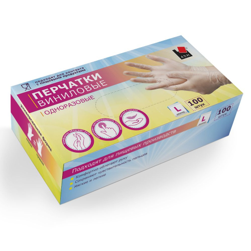 Перчатки виниловые (9 гр), белые, L, 100 шт/уп., А.Д.М. A.D.M.