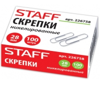 Скрепки STAFF, 28 мм, никелированные, 100 шт., в картонной коробке, 226758