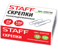 Скрепки STAFF, 28 мм, никелированные, 100 шт., в картонной коробке, 226758