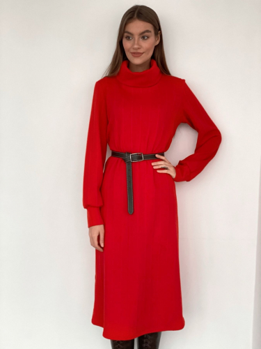 s3309 Платье-свитер с объёмными рукавами огненно-красное