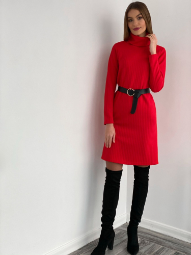 s3529 Платье-свитер с жаккардовым узором красное