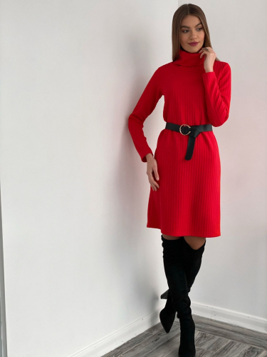 s3529 Платье-свитер с жаккардовым узором красное