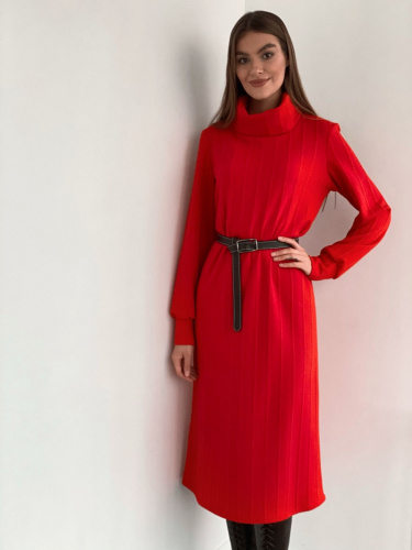 s3309 Платье-свитер с объёмными рукавами огненно-красное