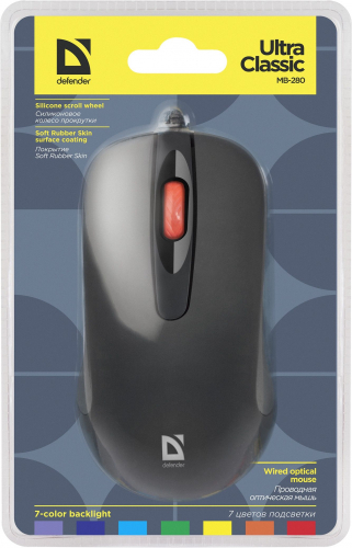 Мышь Defender MB-280 USB (черная) проводная 2кн+кл подсветка (7 цветов) 1000dpi