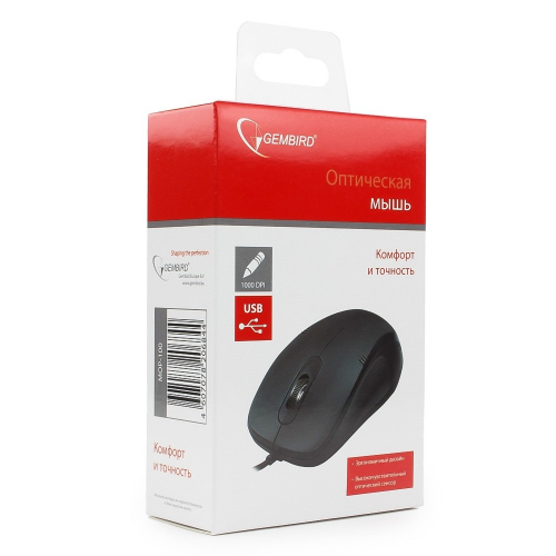 Мышь Gembird MOP-100, USB, черная, 2 кнопки+колесо кнопка, 1000 DPI, 1,5м