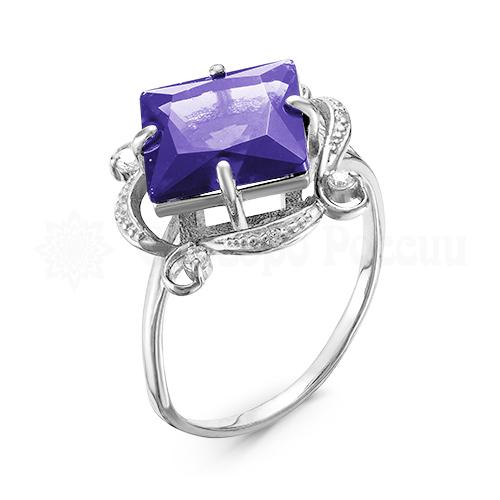Кольцо из серебра с пл.кварцем цв.фиолетовый и фианитами родированное
