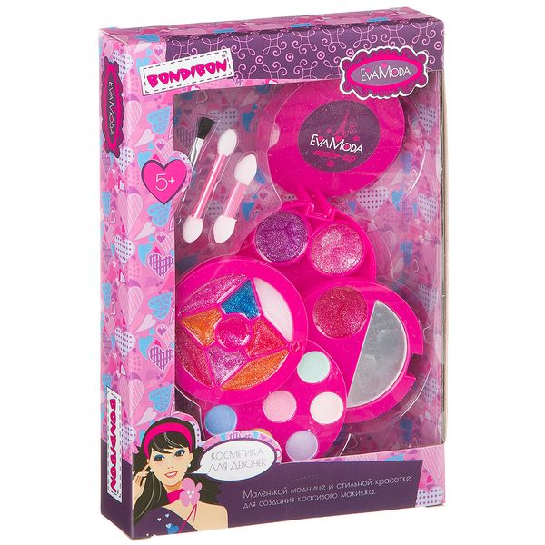 Набор детской декор. косметики Bondibon Eva Moda, BOX 24,5*16,5*3,5 см; косметичка круглая с зеркальцем, 4х-уровневая, раздвижная: тени для век 6 оттенков (1,8г), блеск для губ 12 оттенков (6,1г), 2 аппликатора,1 кисточка-растушевка; арт.77020.