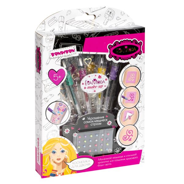 Набор детской декор. косметики Bondibon Eva Moda для боди-арта, BOX 17х21,5х3 см; глиттер-карандаши для тела 4 оттенка: жёлт.,фиолет.,красн.,зелён., трафареты 6 шт., самоклеящиеся пласт.стразы; арт.71103.