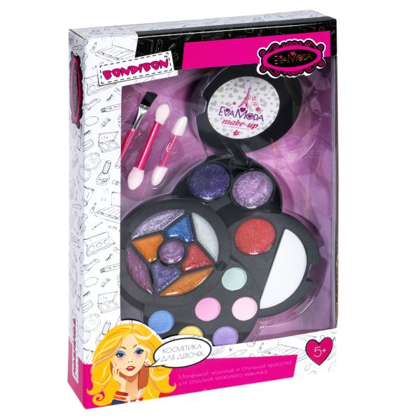 Набор детской декор. косметики Bondibon Eva Moda, BOX 45х16,5х3 см; косметичка круглая с зеркальцем, 4х-уровневая, раздвижная: тени для век 6 оттенков (1,8г), блеск для губ 12 оттенков (6,1г), 2 аппликатора,1 кисточка-растушевка; арт.77020.