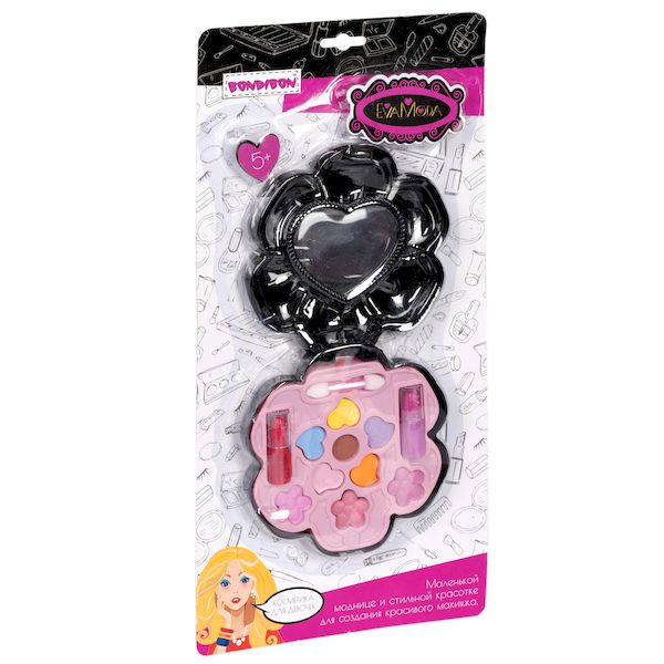Набор детской декор. косметики Bondibon Eva Moda, CDR 38х19х1,5 см; косметичка-цветок с зеркальцем, тенями для век 9 оттенков (6,3г) и1 аппликатором, помадами 2 оттенка (1,6г); арт.70566E3.