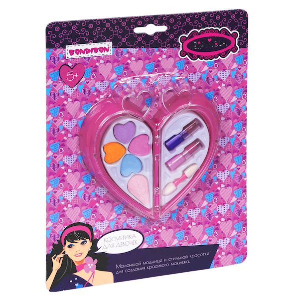 Набор детской декорат. косметики Bondibon Eva Moda, CRD 17,2х23 см, сердце, 2 отделения с тенями для век (5 оттенков; 2,8г), помадами (2 цвета; 1,6г), и аппликатором, арт.70339A.