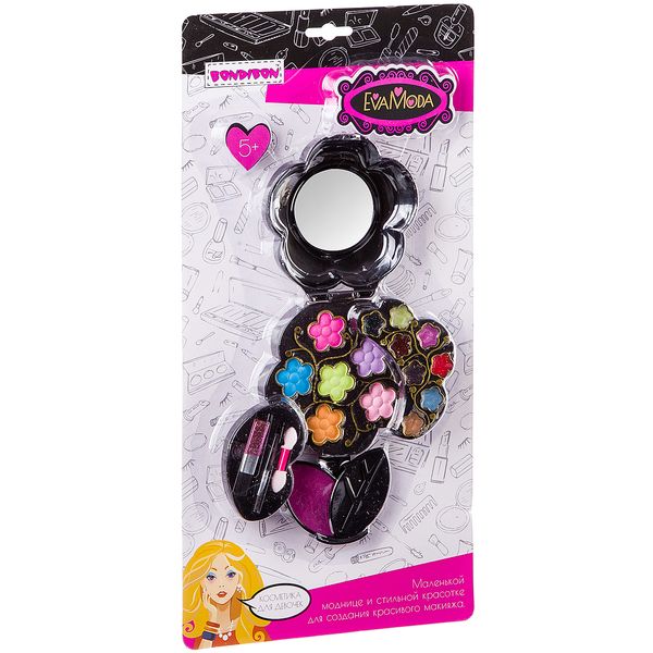 Набор детской декор. косметики Bondibon Eva Moda, CRD 38х19х1,5 см; косметичка-цветок с листом 3х-уровневая, раздвижная с зеркальцем: блеск для губ 9 оттенков (4г), 1 аппликатор,1 кисточка, 1 кисточка-растушевка, тени для век 6 оттенков (4,2г); арт.70566B