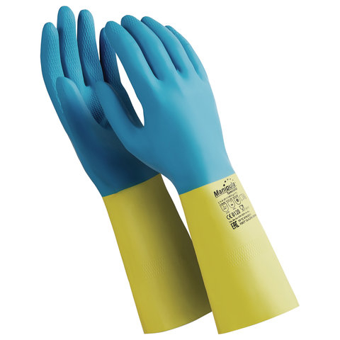Перчатки латексно-неопреновые MANIPULA “Союз“, хлопчатобумажное напыление, размер 10-10,5 (XL), синие/желтые, LN-F-05