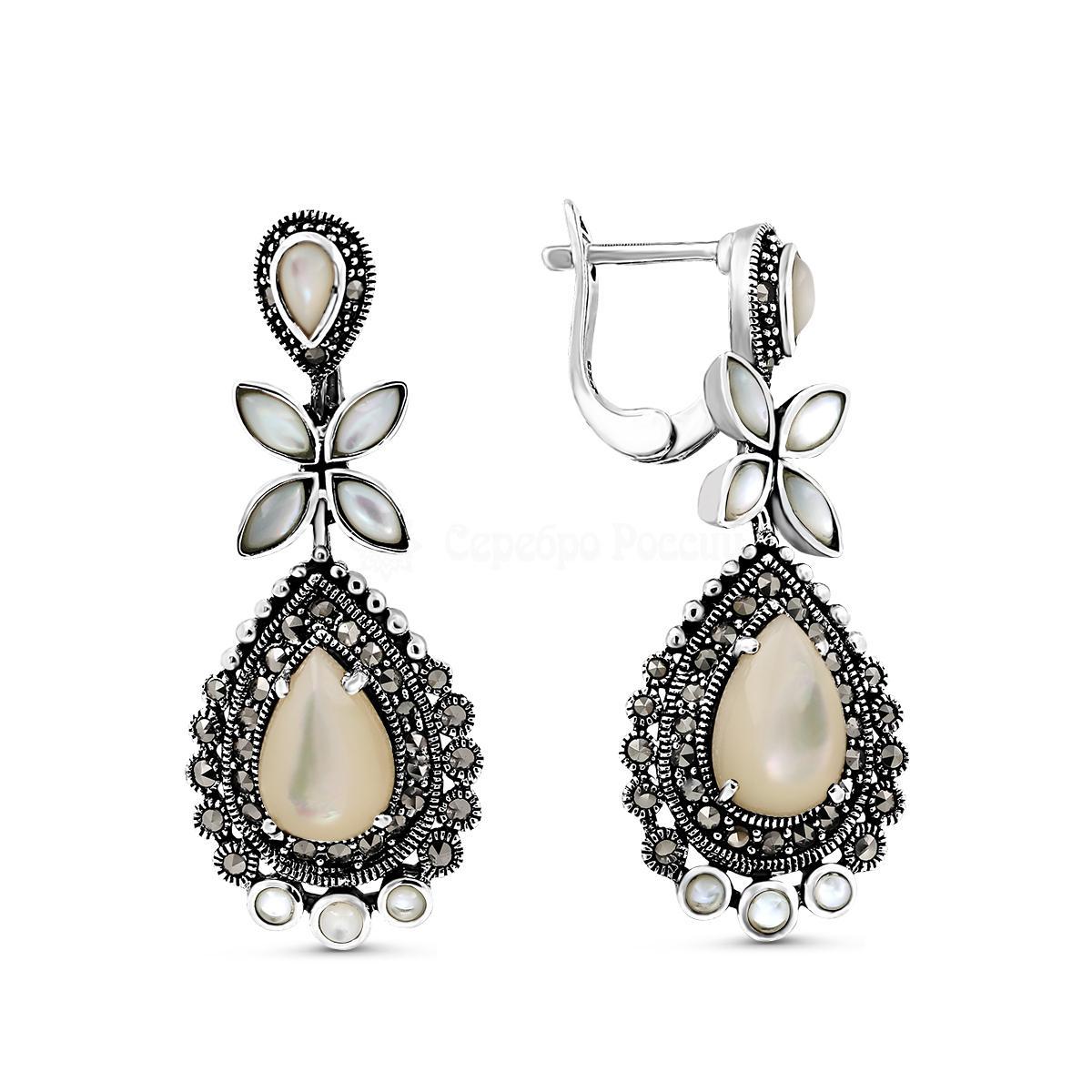 Серьги из чернёного серебра с перламутром белым и марказитами 925 пробы HE-1081бп