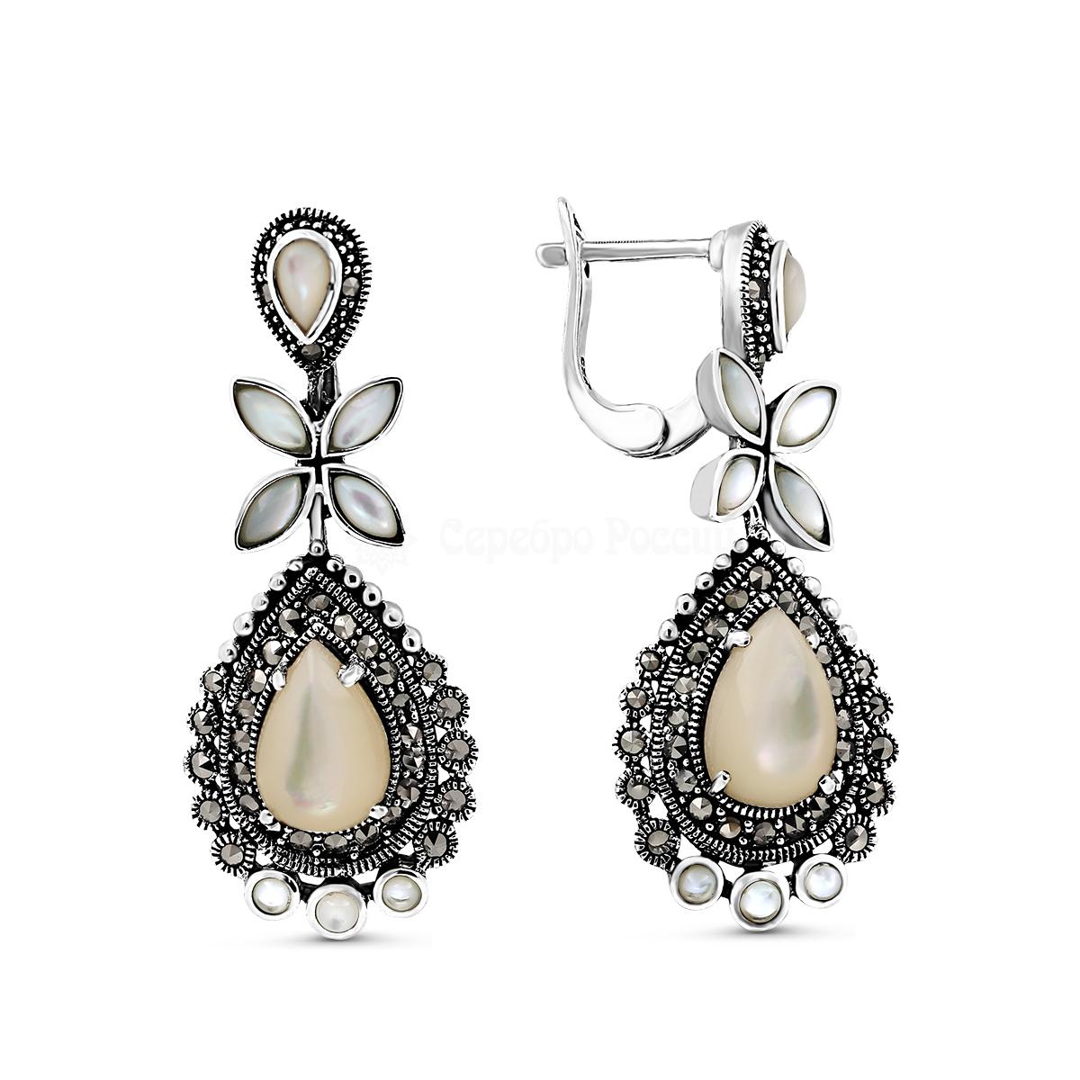 Серьги из чернёного серебра с перламутром белым и марказитами 925 пробы HE-1081бп